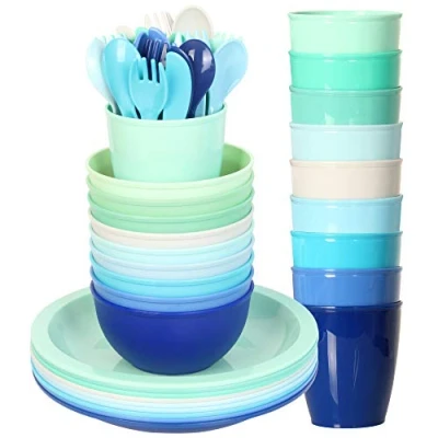 Image of Youngever 54 pcs Plastic Kids Tableware, Re usable Toddler Dinnerware Set, Dining Cups, Plates, Bowls, Flatware Dishes Set (Coastal)