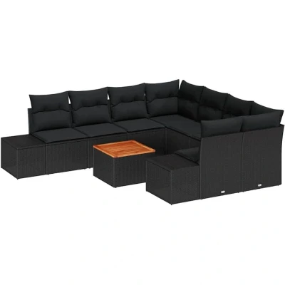 Image of vidaXL 9 Piece Garden Sofa Set with Cushions Black Poly Rattan Acacia