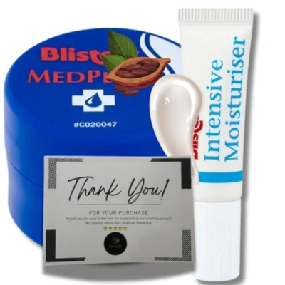 Image of Blistex MedPlus Lip Care Gift Set Balm &amp; Intensive Moisturiser Treatment + BVO Luxe Thank You Card Dry Chapped Lips Relief Bundle