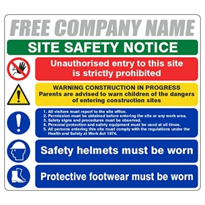 Image of 600x450mm Multi Hazard Site Safety Notice 5 Points Construction Sign with FREE Company Name