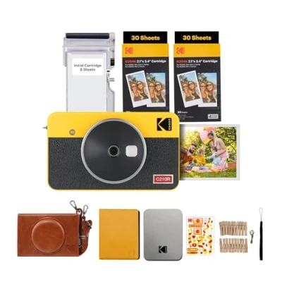 Image of KODAK Mini Shot 2 Retro 4Pass in 1 Instant Camera and Portable Photo Printer (5.3 x 8.6 cm) plus Gift Package with 68 Sheets, Yellow