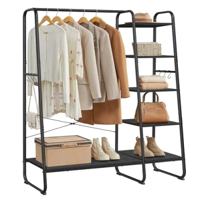 Image of VASAGLE Clothes Rail, Rack with Shoe Shelf, 5 Tier Storage Rack, 6 Side Hooks, for Bedroom, Living Room, Ebony Black and Matte RGR116B02
