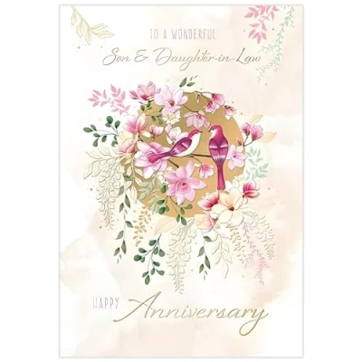 Image of Noel Tatt Son and Daughter in Law Anniversary Card Lovebirds on Floral Branch Eco Friendly Recyclable
