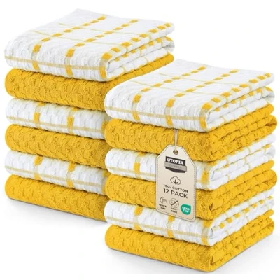 Image of Utopia Towels 12 Kitchen Set 38 x 64 cm 100% Ring Spun Cotton Super Soft and Absorbent Dish/Tea Bar (Yellow)