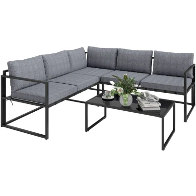Image of Outsunny 3 Piece L Shaped Garden Furniture Set with Cushions, Corner Sofa Seater Sofa, Loveseat and Tempered Glass Top Table for Outdoor, Grey