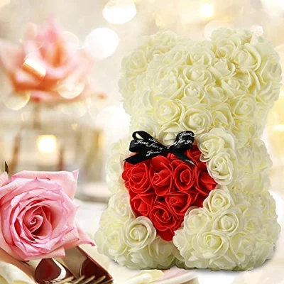 Image of Gifts for Women，Birthday ，Rose Flower Bear Hand Made Rose Teddy Bear,Best Artificial Decoration mom, Girls,Unique Gifts,The Perfect Party Clear Gift Box (Milk White)