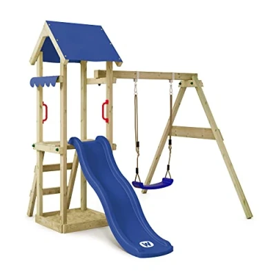 Image of WICKEY Wooden climbing frame TinyWave with swing and blue slide, Outdoor kids playhouse sandpit, ladder &amp; play accessories for the garden