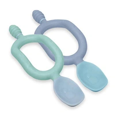 Image of Bibado Weaning Spoons 2 Pack Baby Led Spoon for Self Feeding, Dual Ended Cutlery Oral Sensory Development and Teething Gums Ergonomic Handles Control Dippit, Blue Green