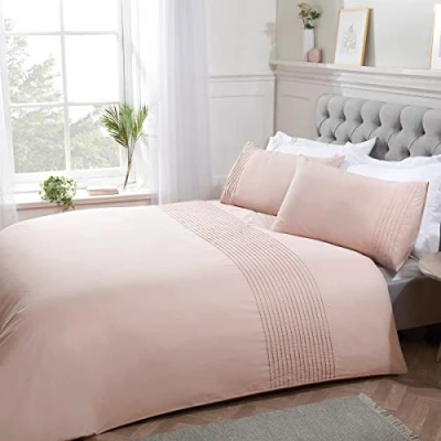 Image of Sleepdown Pintuck Pleated Striped Panel Blush Pink Luxury Easy Care Soft Cosy Duvet Cover Quilt Bedding Set with Pillowcases Double (200cm x 200cm)