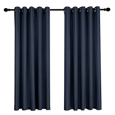 Image of COASTLINE Ultra Soft Satin Navy Blue 100% Blackout Eyelet Curtain Window Treatment Drapes 2 panels for Bedroom, Livingroom, Kids Nursery Room W66 x L54 inch