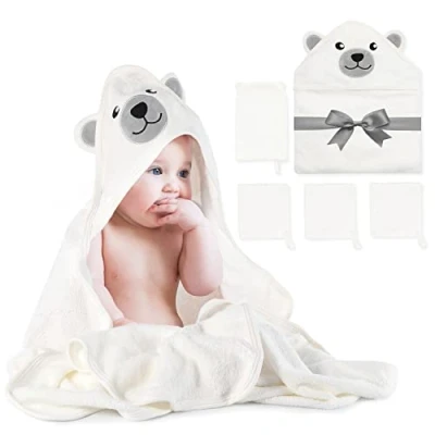 Image of momcozy Bamboo Baby Bath Towels Set 5 Packs, 1 * with Hood Newborn, 3 Washcloths, Glove, Soft and Super Absorbent Hooded Towel, Unisex
