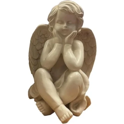 Image of Memorial Angel Figure White Resin Angels Cherub Statue Ornament Polyresin Beautiful Garden Grave Decoration 20cm Sculpture Figures (Sitting Angel)