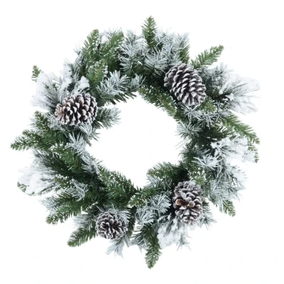 Image of Christmas Wreath Artificial Snow Flocked Decoration Green Frosted Pine Cones 50cm