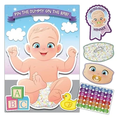 Image of Pin The Dummy on Baby Game Shower Games for Adults, Children, Kids Family Party Activity, Up to 30 Players Includes Large Poster, Double Sided Blindfold, Stickers, Winner Badge