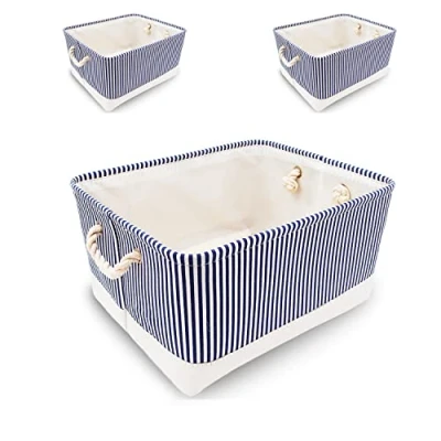 Image of Mangata Collapsible Storage Boxes, Large Canvas Baskets with Rope Handles, 3 Pack (Blue Stripe, Large)