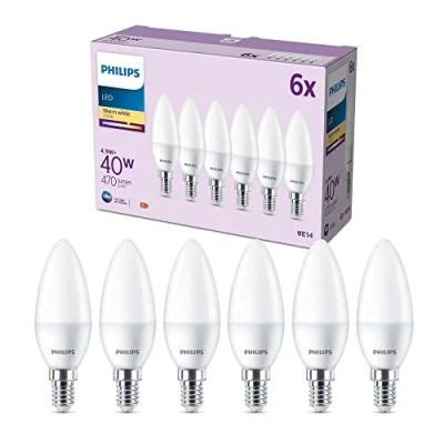Image of PHILIPS LED Frosted B35 Candle Light Bulb 6 Pack [Warm White 2700K E14 Small Edison Screw] 40W, Non Dimmable. for Home Indoor Lighting