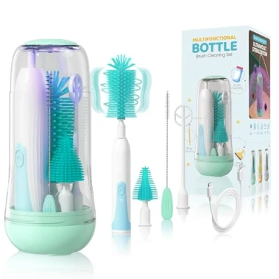 Image of Orzbow Electric Baby Bottle Brush Set,Portable Brushes for Cleaning with UV Steriliser,Milk Frother Electric,Nipple and Straw Brush,Bottle Drying Rack,Baby Travel Essentials,Youthful Green