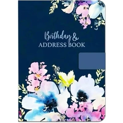 Image of Tallon (7573) A5 Size Address &amp; Birthday Book Satin Navy Blue Fabric Floral Design Magnetic Closure (21x15cm)