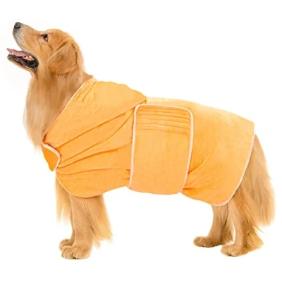 Image of Avont Dog Drying Coat Microfibre Bath Robe Towel for Fast and Super Absorbency with Hood &amp; Belly Straps, Ultra Soft Puppy Dressing Gown Doggie Shower Towelling Pet Bathrobe Yellow (XL)