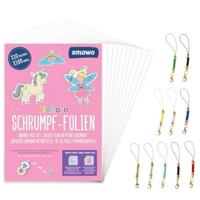 Image of Smowo Kid ART_CRAFT_KIT Shrink Films with Unicorn Motifs &amp; Key Rings 10 Pcs Film Kit Half Scale Plates for Creative Girls Women