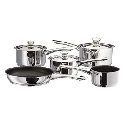 Image of Judge Everyday Platina JDAYPC1 Set of 5 Stainless Steel Saucepans 16/18/20cm, 14cm Non Stick Milk Pan, 24cm Frying Pan 25 Year Guarantee Silver