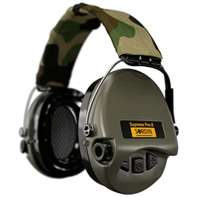 Image of Sordin Pro X LED Capsule hearing protectors 75302 07 EN 352 Gel cushions, camo strap &amp; green capsules