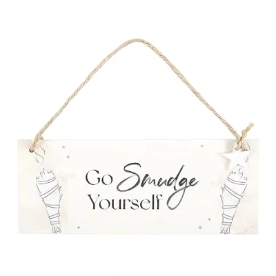 Image of Charmful MDF Hanging Sign Quirky Wall Decor with Rope Hanger Humorous &#039;Go Smudge Yourself&#039; Illustration Funny Office &amp; Home Accent