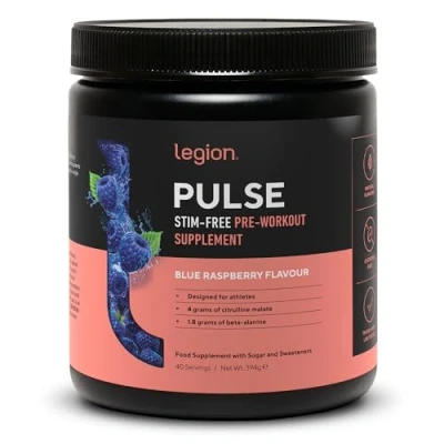 Image of Legion Pulse Pre Workout Supplement All Natural Nitric Oxide Preworkout Drink to Boost Energy, Creatine Free, Naturally Sweetened, Beta Alanine, Citrulline, (Caffeine Free Blue Razz)