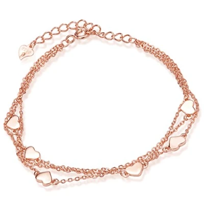 Image of Yumilok 925 Sterling Silver Rose Gold Plated Women Charm Bracelet Hearts 3 Strand Bracelets Hand Chain with Extension