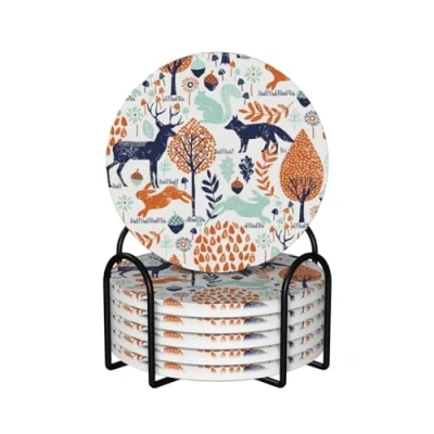 Image of Coasters,Ceramics Coasters with Holder Stand Drink Coasters,Mugs Pad Cups Mat Set of 6,Navy And Orange Woodland Animals