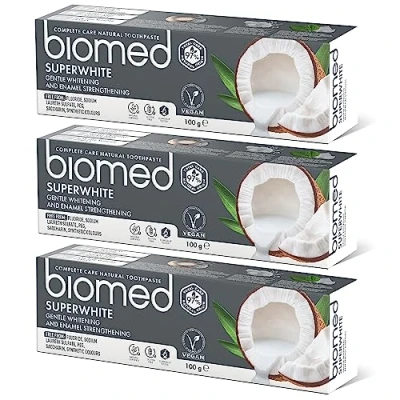 Image of Biomed Superwhite 97% Natural Whitening Toothpaste Enamel Strengthening Coconut Flavour, Vegan, SLES Free 100g (Pack of 3)