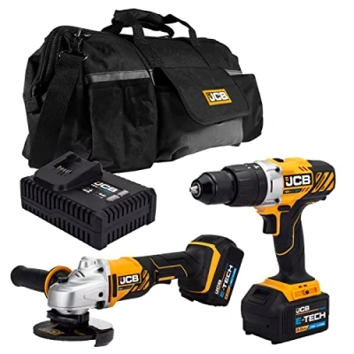 Image of JCB 18V Cordless Combi Drill &amp; 112mm Angle Grinder, 2X 5.0Ah Battery, Fast Charger, 20&quot; Power Tool Kit Bag, 3 Year Warranty