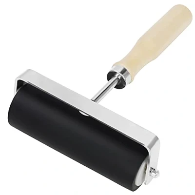 Image of Kurtzy Rubber Printmaking Roller 10cm/4 inches Black Hard Lino Brayer with Wooden Handle for Stamping, Ink Paint Block, Gluing Application