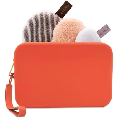 Image of Reusable Sustainable Wash Set, Apricot, Cosmetic Bag with Makeup Pad, Toner and Exfoliator, Washable, Perfect Travel Set for Women, Teens, Adults