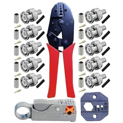 Image of NUZBCPETR BNC Crimp Tool Set, BNC/TNC Ratched Plie and Rotary Coaxial Cable Stripper with 10pcs Male Crim Connectors for RG58