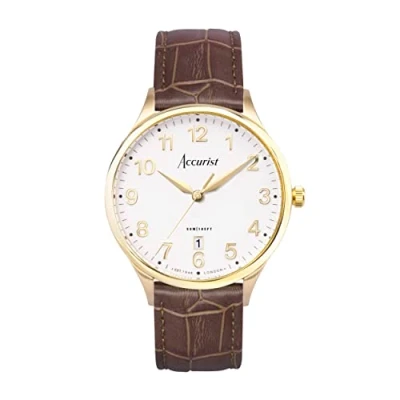Image of Accurist Men&#039;s Classic White Dial Brown Leather Watch Gold