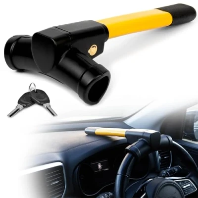 Image of GADLANE Yellow T Bar Steering Wheel Lock High Visibility Car Anti Theft Device, Suitable Security for Car, Van, Caravan, 2 Keys Strong (Yellow)