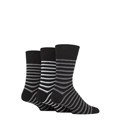 Image of Mens 3 Pair Gentle Grip Cotton Argyle Patterned and Striped Socks Varied Stripe Black 6 11