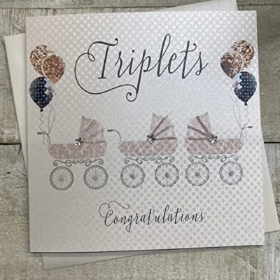 Image of WHITE COTTON CARDS Congratulations&#039; Handmade New Baby Triplets Card (Silver prams), 16cm x