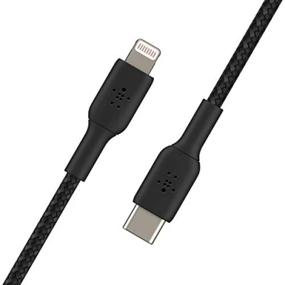 Image of Belkin Braided USB C to Lightning Cable (iPhone Fast Charging for iPhone 14, 13, 12 or earlier) Boost Charge MFi Certified (1m, Black)