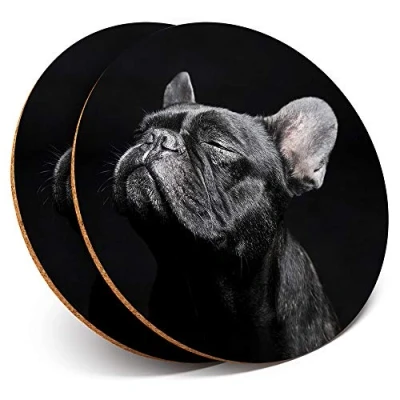 Image of 2 x Round Coasters Black French Bulldog Dog Cork Backed Home Kitchen Accessory Tea Coffee Mug Mat #3885