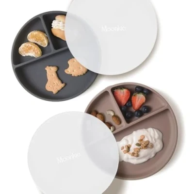Image of Moonkie Suction Plates for Babies &amp; Toddlers BPA Free Weaning Plate with Lid Silicone Divided Microwave and Dishwasher Safe 2 Pack (Warm Taupe/Dark Grey)