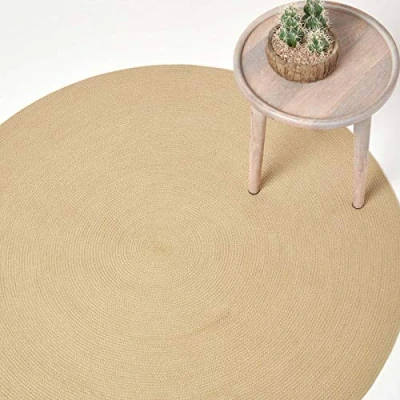Image of HOMESCAPES Linen Handmade Braided Round Rug For Bedroom &amp; Living Room Light Brown Reversible Woven Cotton Circular Rug, 150 cm