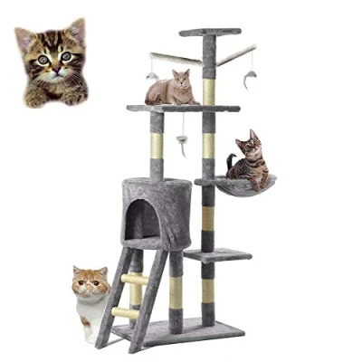 Image of Multi Level Cat Tree Tower Scratching Post with Sisal Cover, 140cm Climbing Activity Centre Large Condo Furniture Padded Plush Perch for Indoor Cats Play and Rest Grey