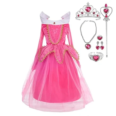 Image of Lito Angels Sleeping Beauty Princess Aurora Hot Pink Costume Fancy Dress Up for Kids Girls, Birthday Party Outfit with Accessories Age 5 6 Years (Tag Number 120)