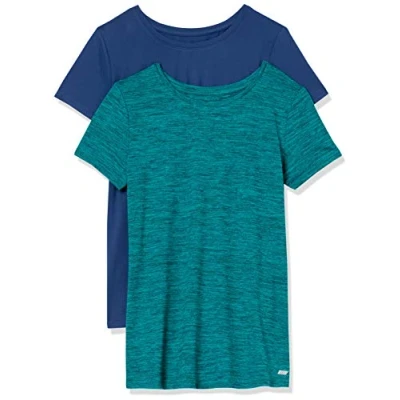 Image of Amazon Essentials Women&#039;s Tech Stretch Short Sleeved Crew Neck T Shirt (Available in Plus Size), Pack of 2, Blue/Teal Green Space Dye, XXL