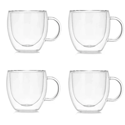 Image of Marooma Glass Coffee Cups, 150ML Double Walled Insulated Thermo Drinking Mugs, Heat Resistant Borosilicate Glasses Mugs with Handle for Coffee, Tea, Espresso, Beer Set of 4