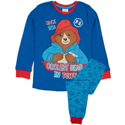 Image of Paddington Bear Boys Pyjama Set Kids Blue Loungewear T Shirt &amp; Pants Complete PJ Coolest in Town Short Sleeve Tee Long Leg Bottoms Fun Cartoon Nightwear Pajama Bundle Gift for Children