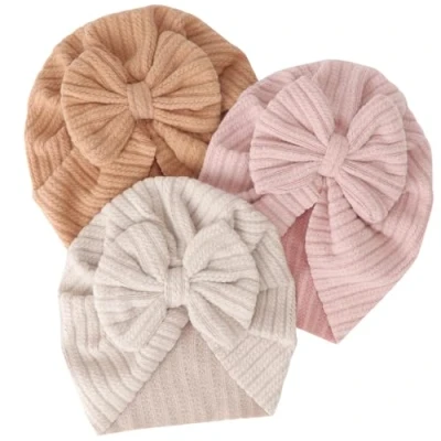 Image of DRESHOW Newborn Baby Hat Soft Stretchy Turban Hats with Bow Infant Girls Boys Nursery Hospital Cap Beanie for Toddlers 3 Pack