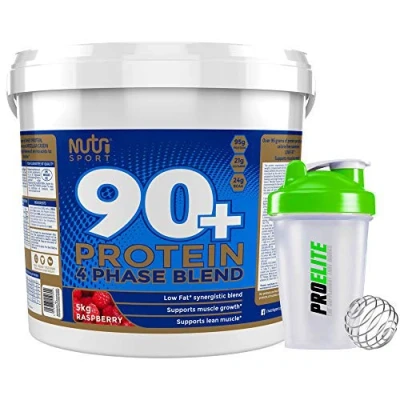 Image of Nutrisport 90+ Plus Protein 5kg / 5000g + Shaker Bottle (Raspberry)